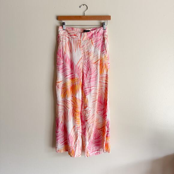 Tahari Pink + Orange Palm Print Linen Wide Leg Pull On Pant Small Beach Vacation - Picture 2 of 8